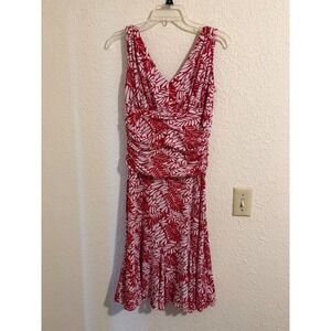 Linea Domani Red White Tropical Leaf Ruched V-Neck Midi Dress Size 8 Canada